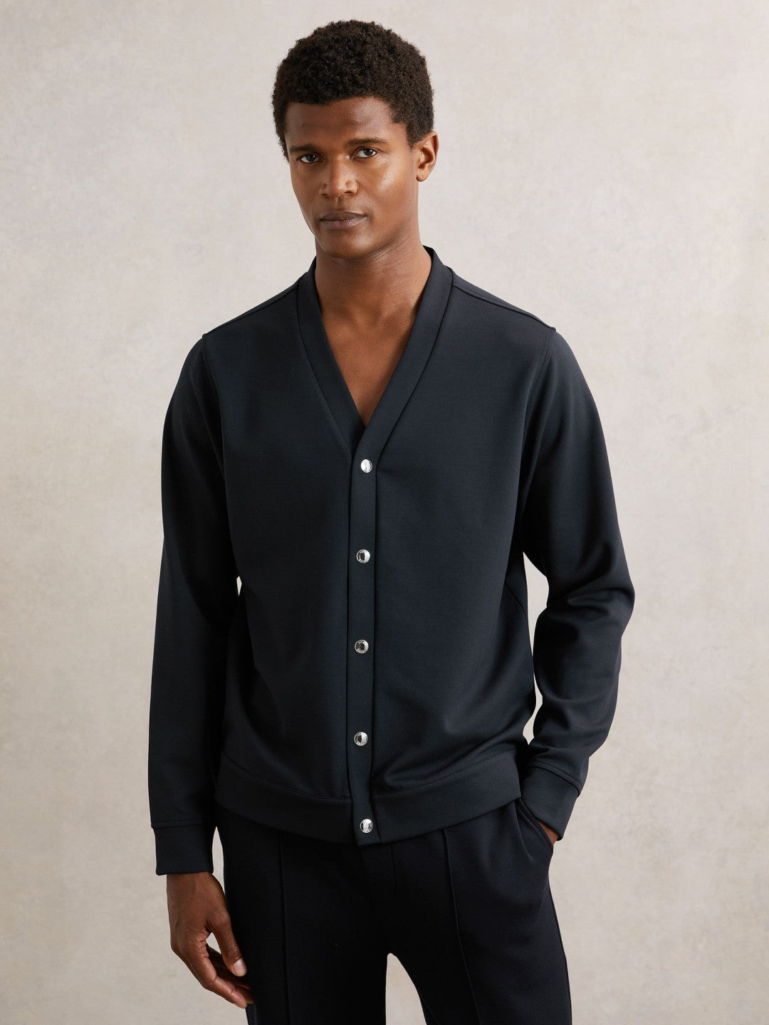 Reiss | V-Neck Interlock Jersey Cardigan in Navy
