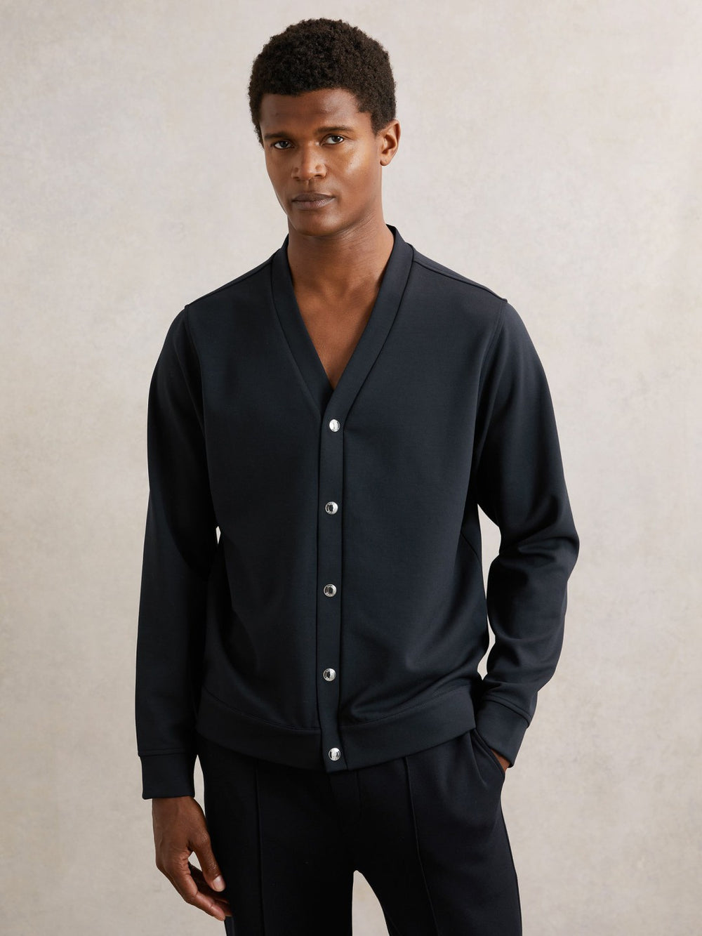 Reiss | V-Neck Interlock Jersey Cardigan in Navy