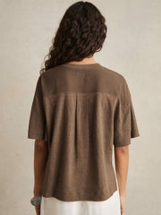 Reiss | Linen V-Neck T-Shirt in Brown