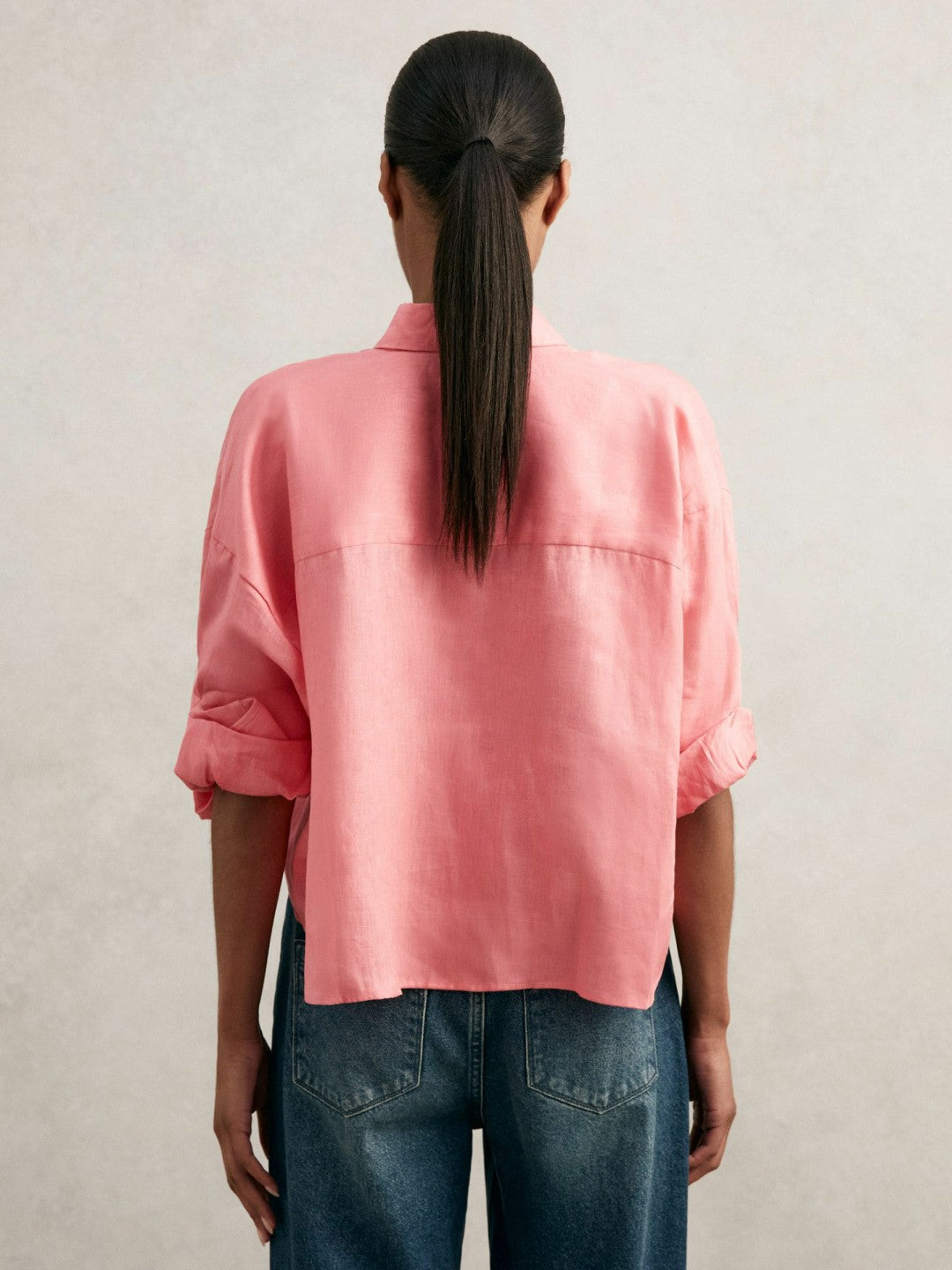 Reiss | Oversize Linen Cropped Shirt in Pink