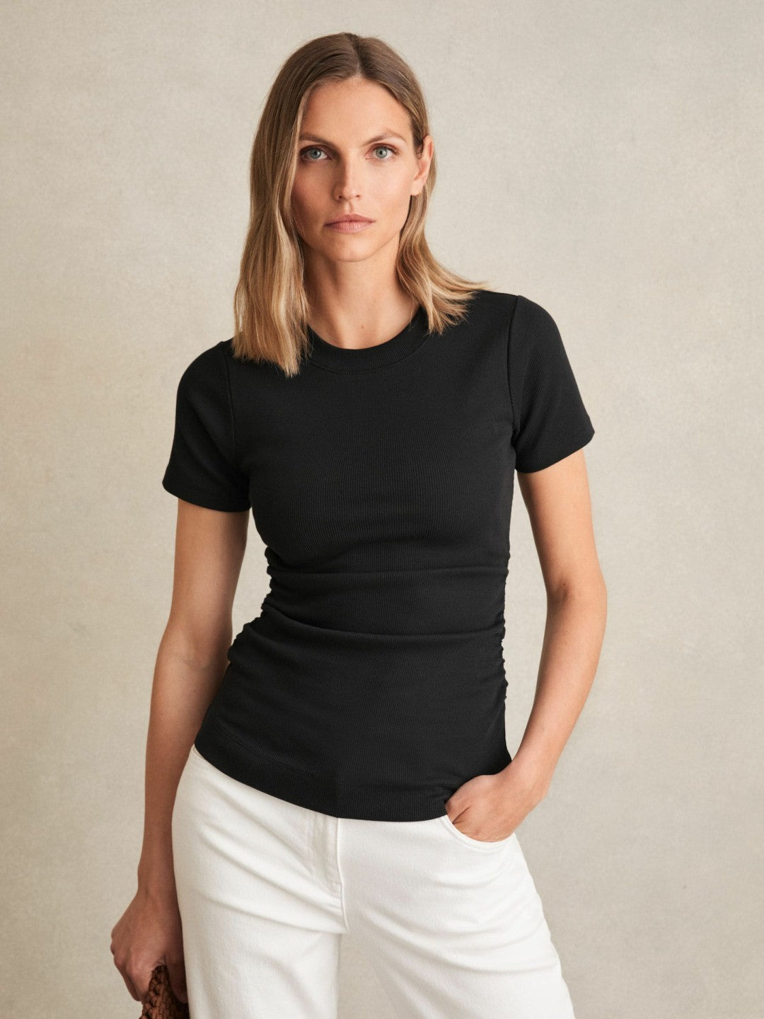 Reiss | Stretch-Cotton Ruched Ribbed T-Shirt in Black