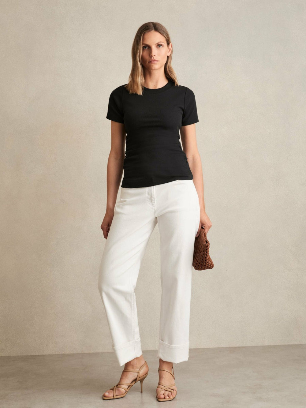 Reiss | Stretch-Cotton Ruched Ribbed T-Shirt in Black