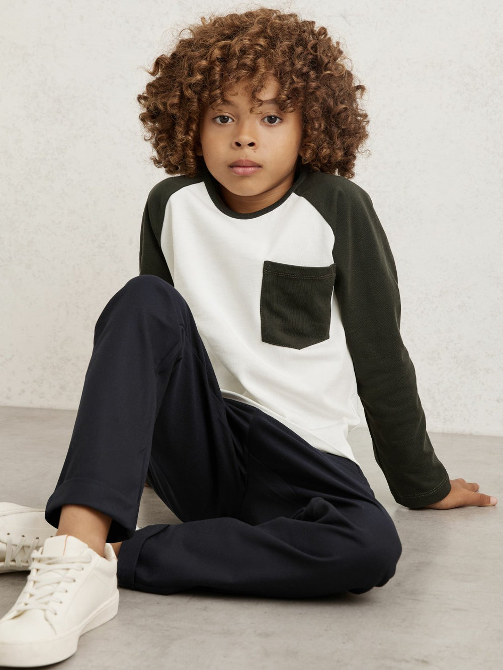 Reiss | 13-14 yrs Cotton Colour-Block Long-Sleeve T-Shirt in Green