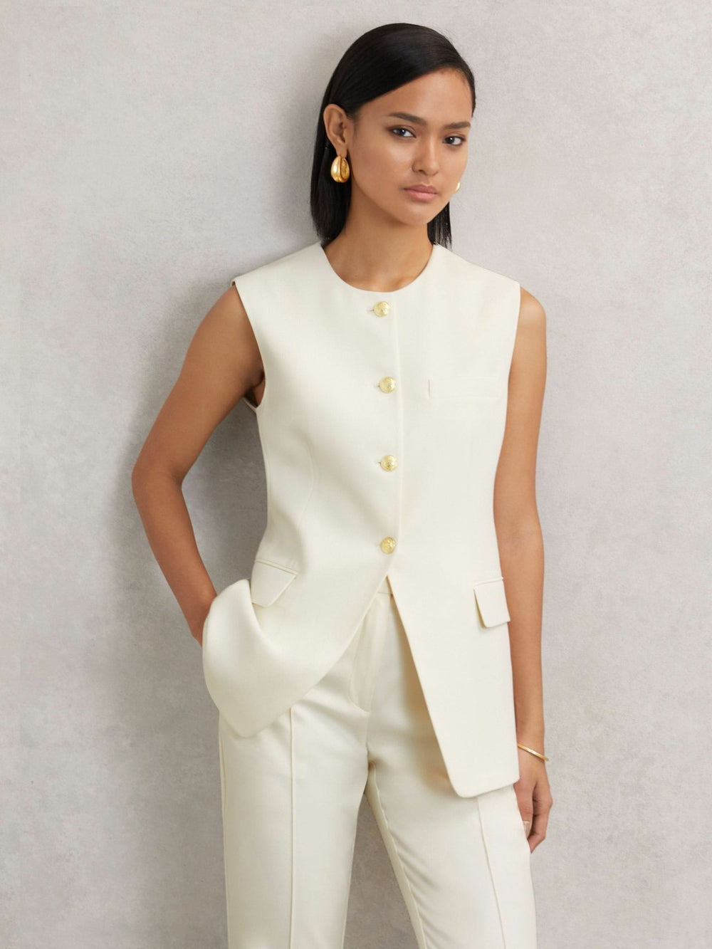 Reiss | High-Neck Longline Waistcoat in Cream