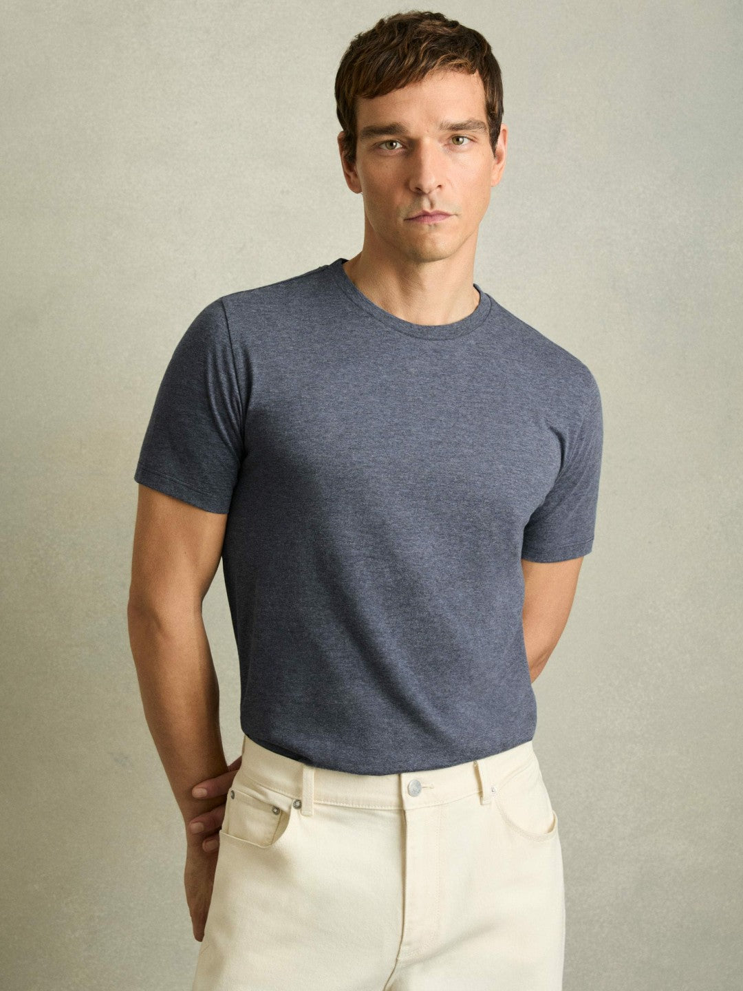 Reiss | Cotton Crew Neck T-Shirt in Airforce Blue Melange