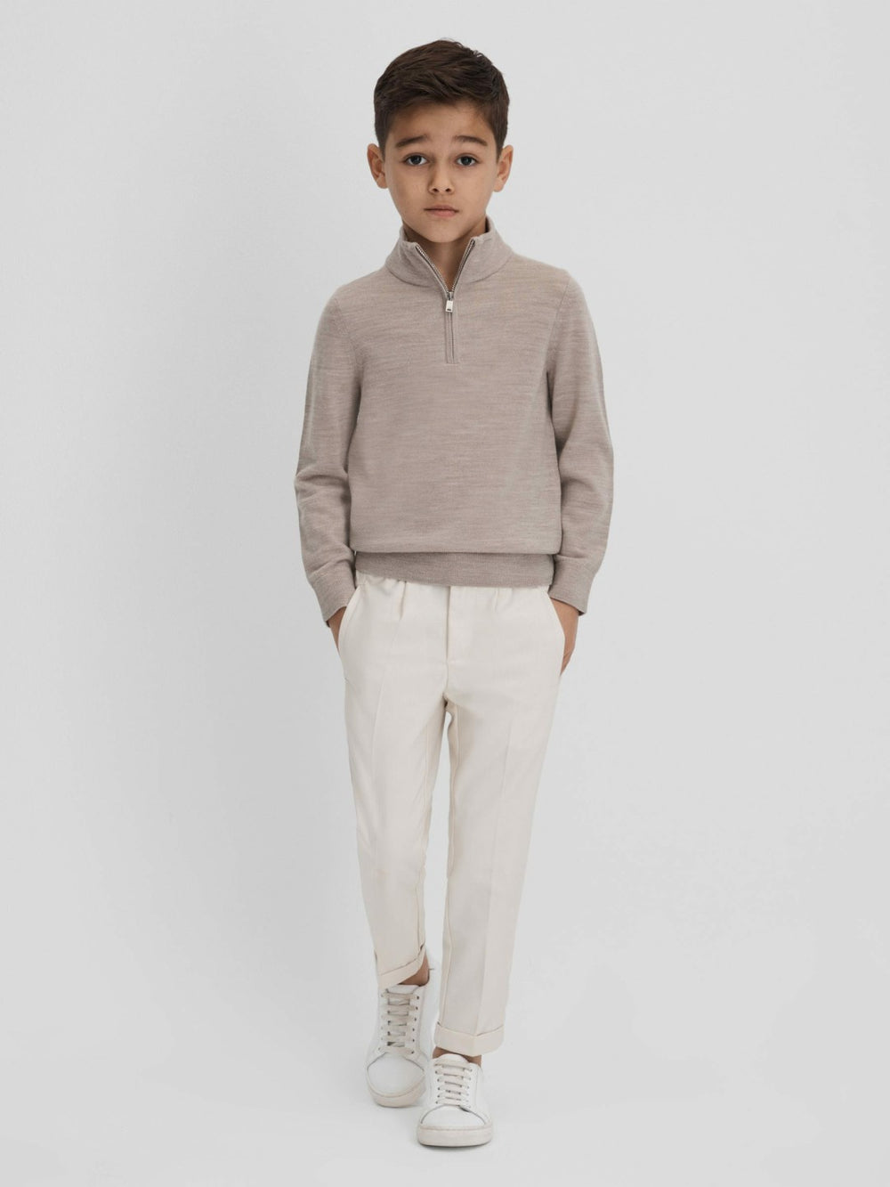 Reiss | 9-13 yrs Wool Half-Zip Funnel Neck Jumper in Wheat Melange