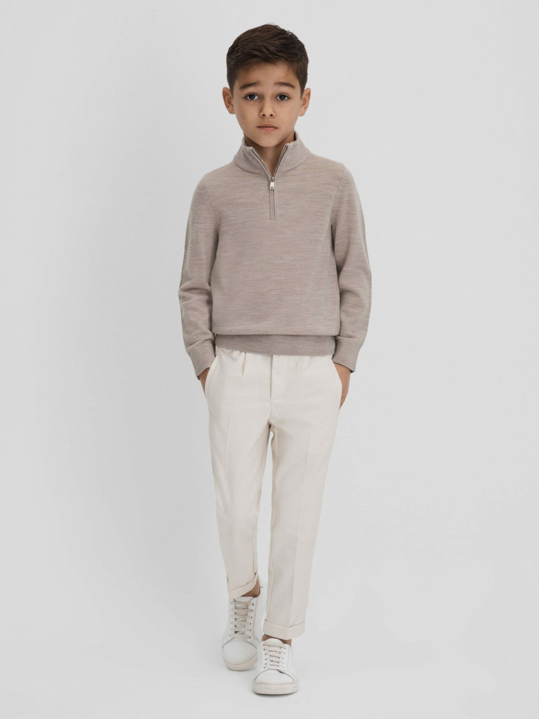 Reiss | 9-13 yrs Wool Half-Zip Funnel Neck Jumper in Wheat Melange
