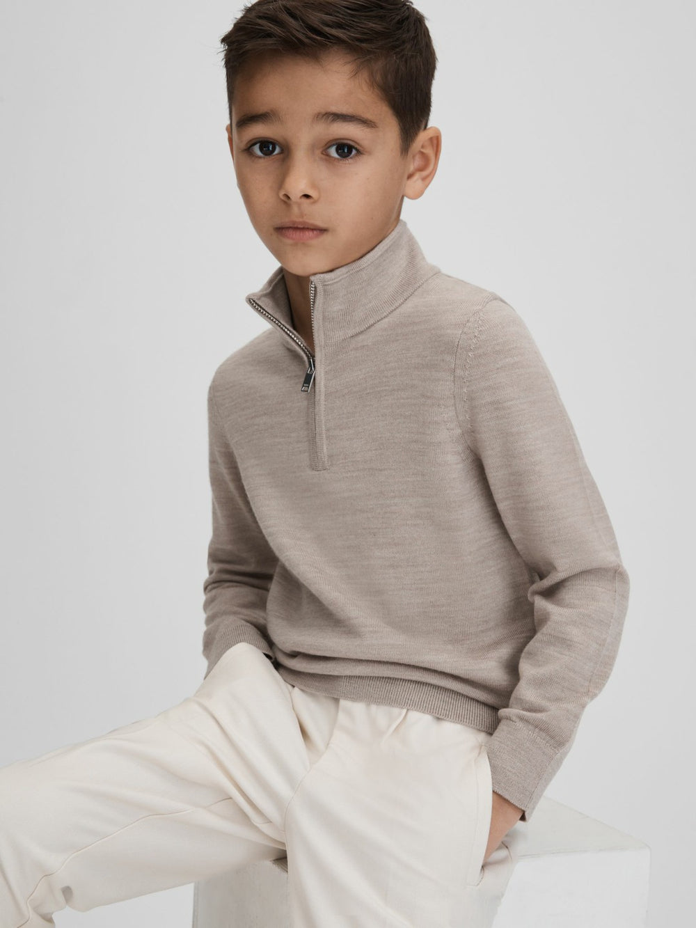Reiss | 9-13 yrs Wool Half-Zip Funnel Neck Jumper in Wheat Melange
