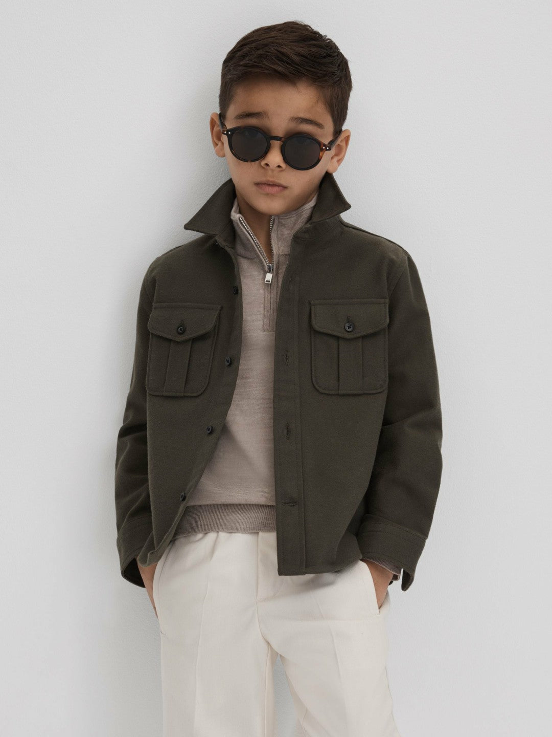 Reiss | 9-13 yrs Wool Half-Zip Funnel Neck Jumper in Wheat Melange