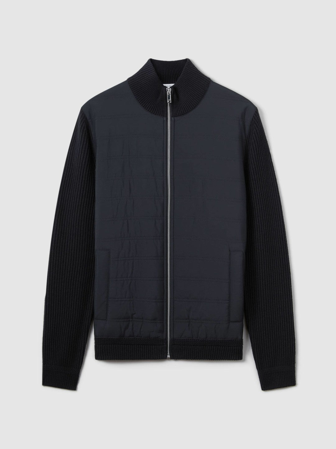 Reiss | Hybrid Quilt and Knit Zip-Through Jacket in Navy
