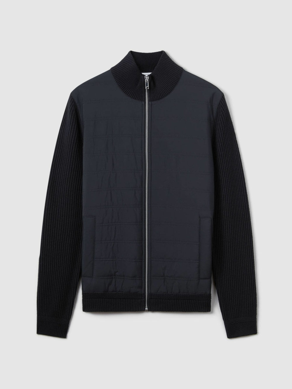Reiss | Hybrid Quilt and Knit Zip-Through Jacket in Navy