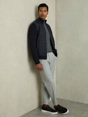 Reiss | Hybrid Quilt and Knit Zip-Through Jacket in Navy