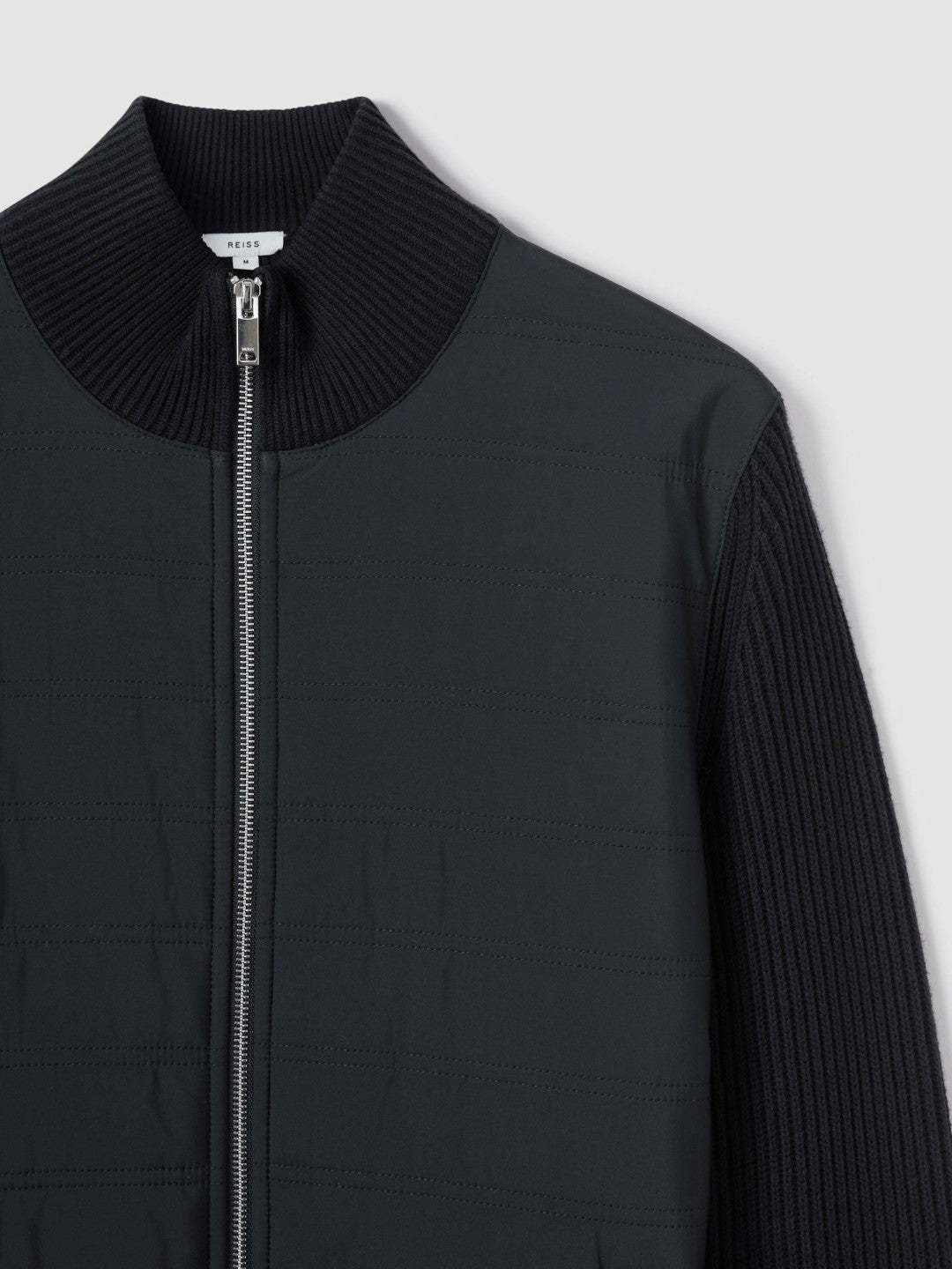 Reiss | Hybrid Quilt and Knit Zip-Through Jacket in Navy