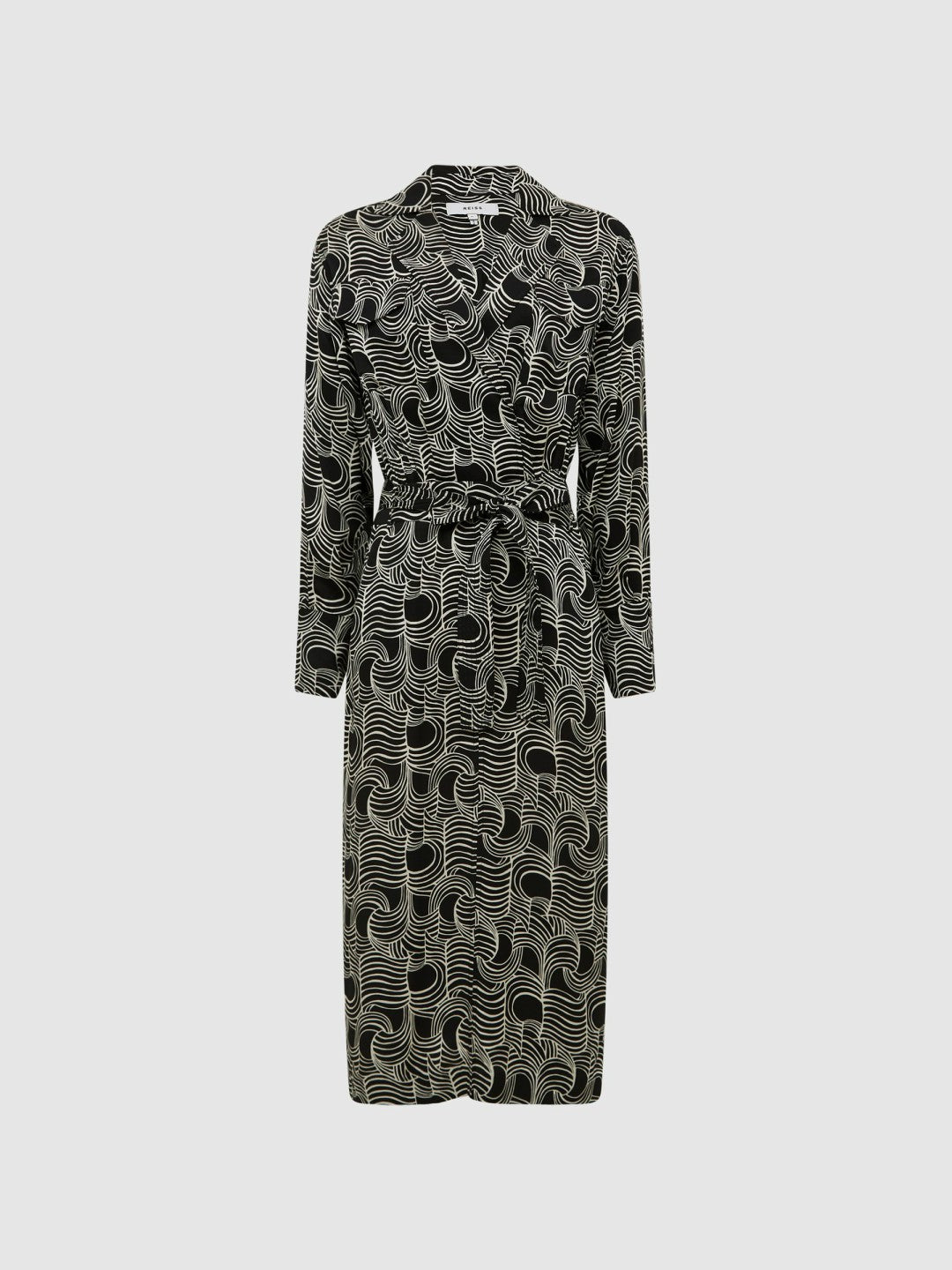 Reiss | Swirl Print Midi Dress in Black/Cream