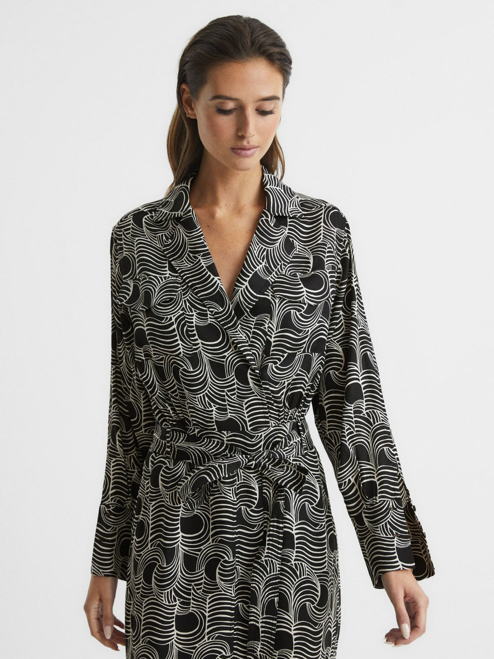 Reiss | Swirl Print Midi Dress in Black/Cream
