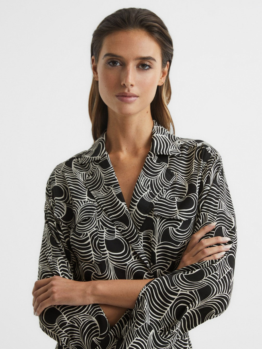 Reiss | Swirl Print Midi Dress in Black/Cream