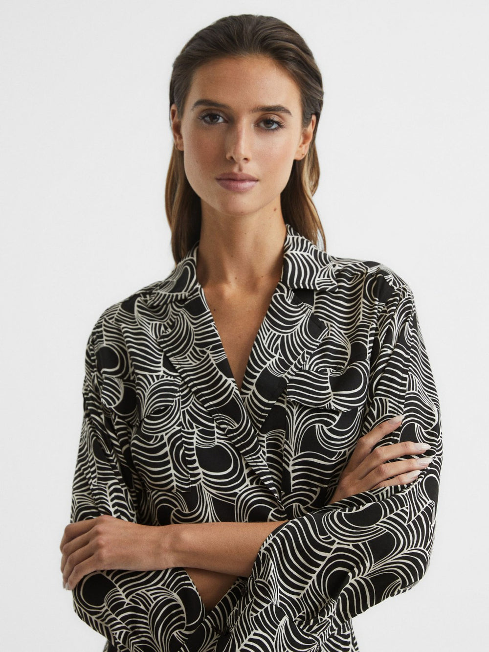 Reiss | Swirl Print Midi Dress in Black/Cream