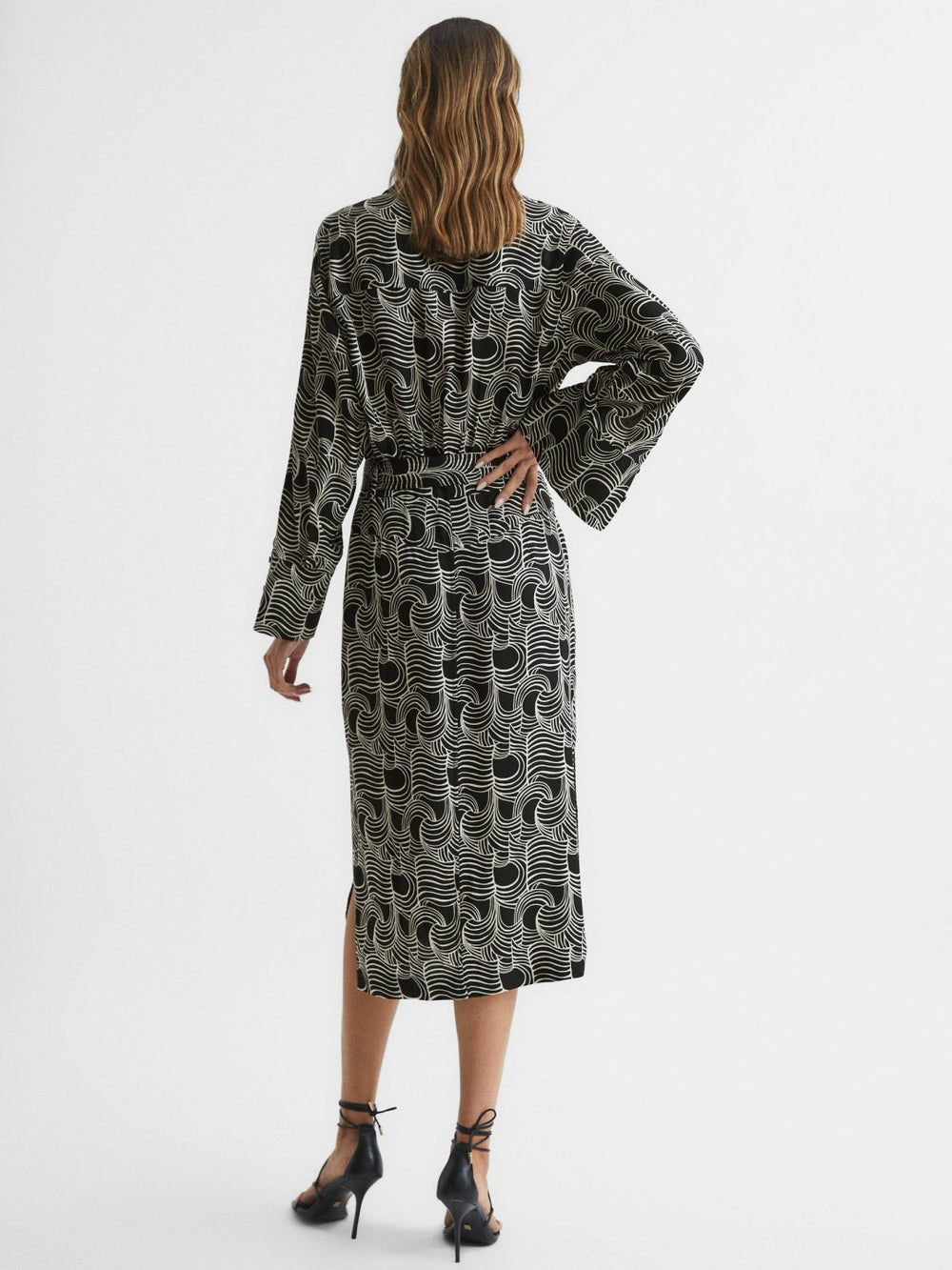 Reiss | Swirl Print Midi Dress in Black/Cream