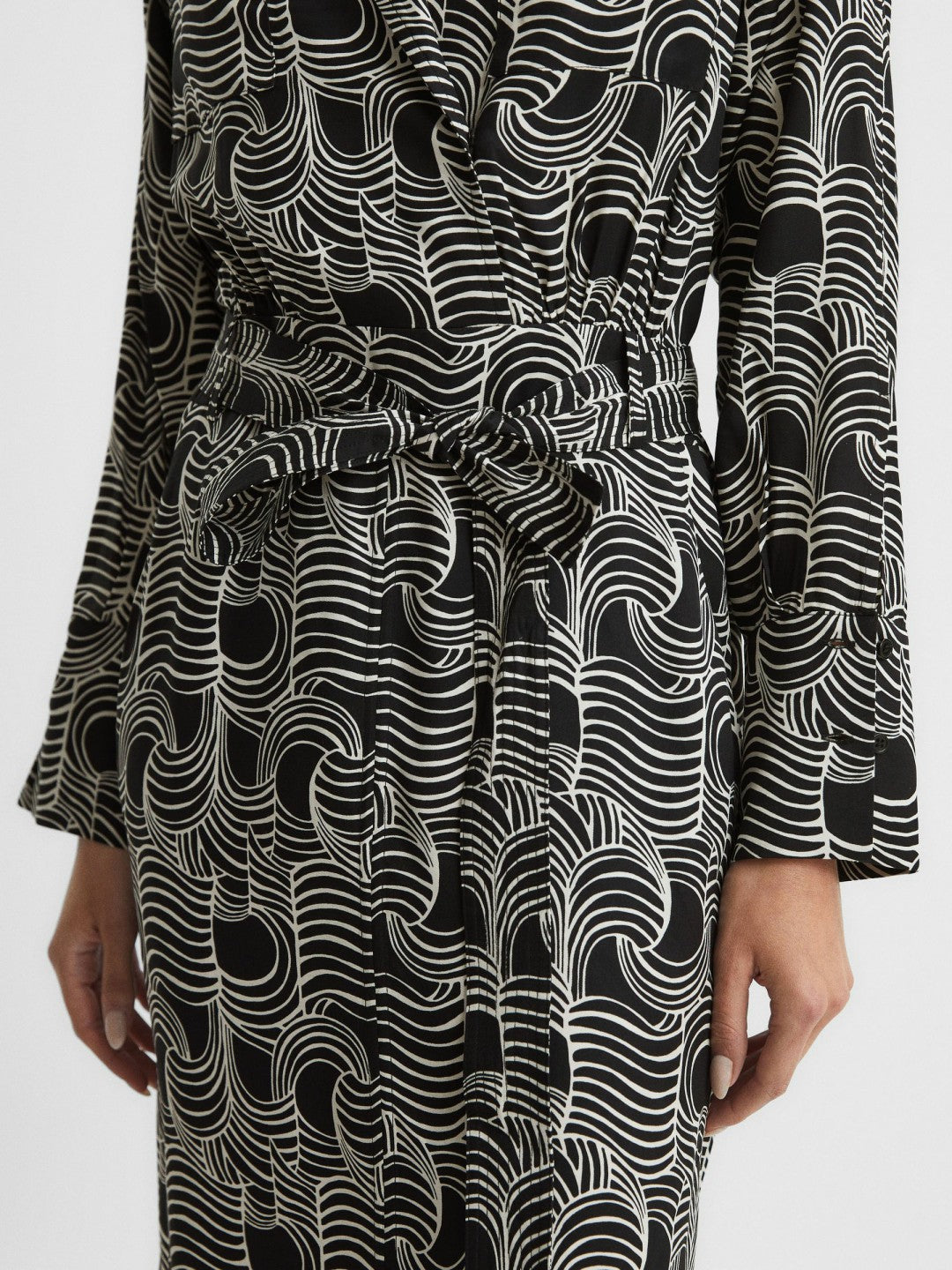 Reiss | Swirl Print Midi Dress in Black/Cream