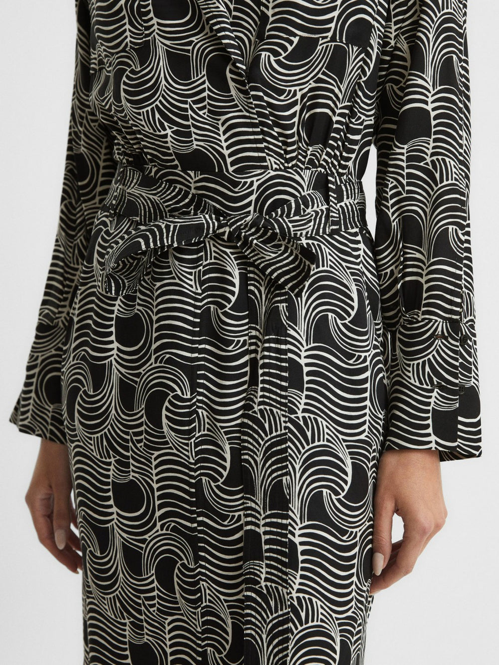 Reiss | Swirl Print Midi Dress in Black/Cream