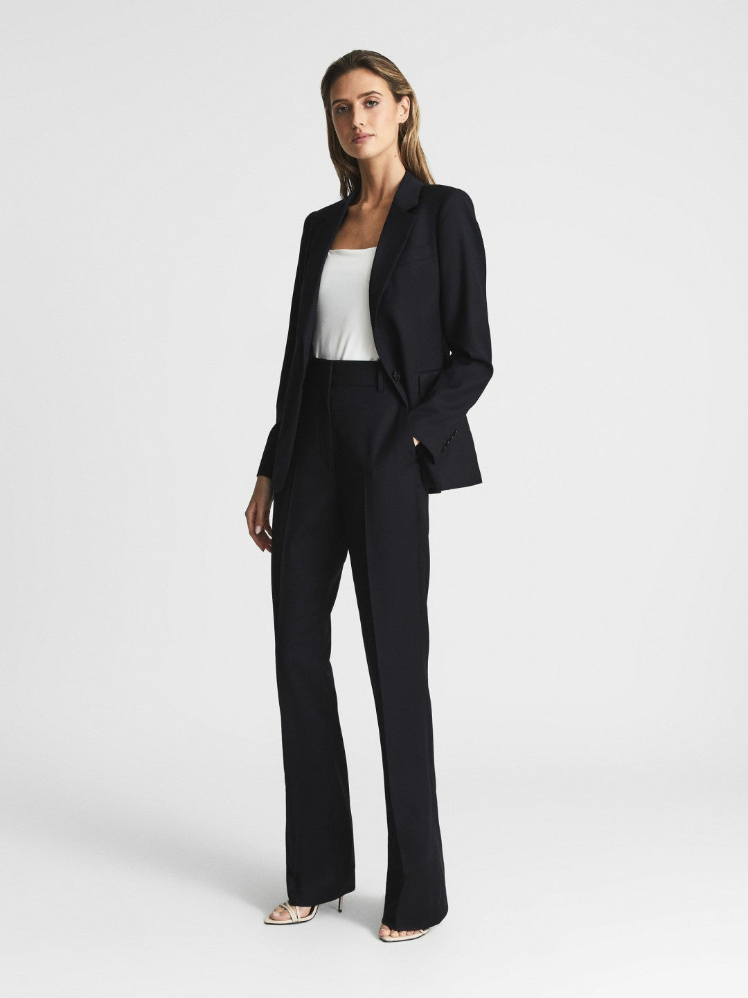 Reiss | Wool-Blend Tailored Flared Suit Trousers in Navy