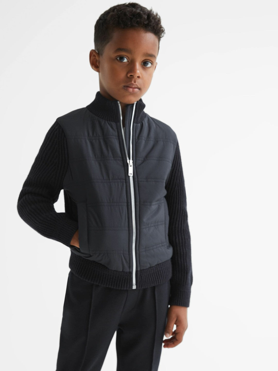 Reiss | Junior Hybrid Zip Through Quilted Jacket in Navy
