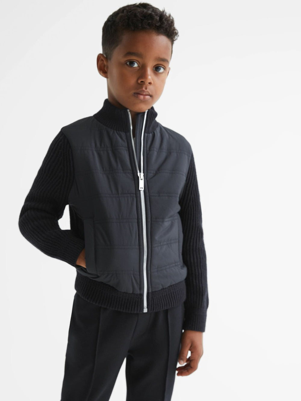 Reiss | Junior Hybrid Zip Through Quilted Jacket in Navy