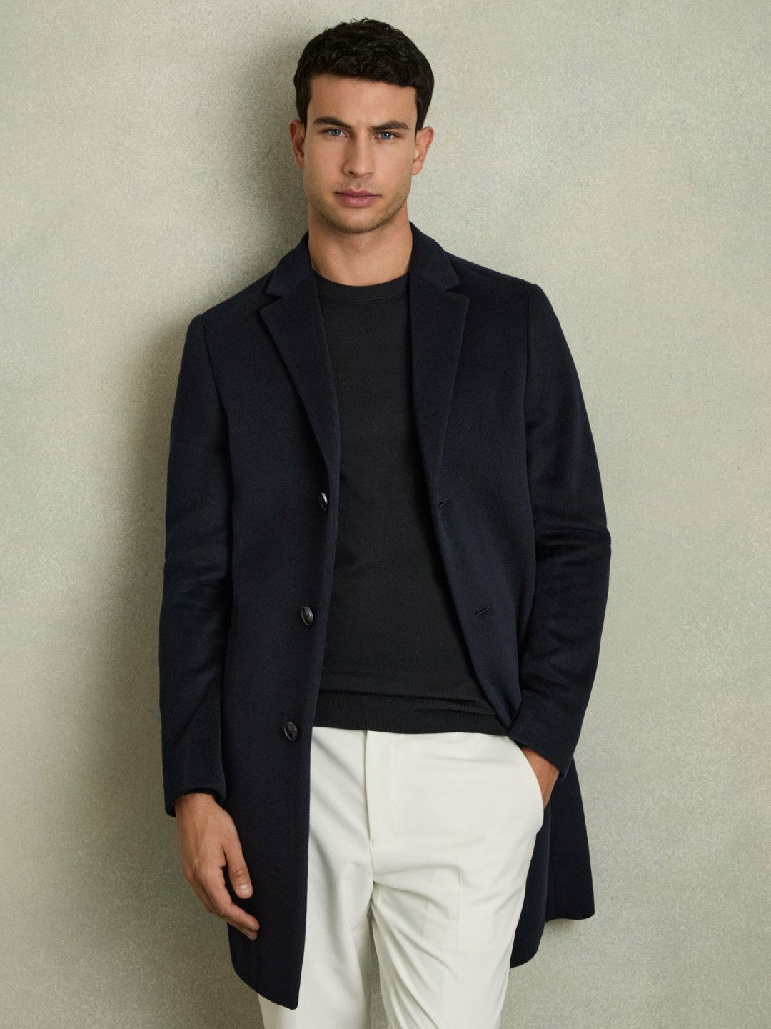 Reiss | Wool Blend Single Breasted Epsom Overcoat in Navy