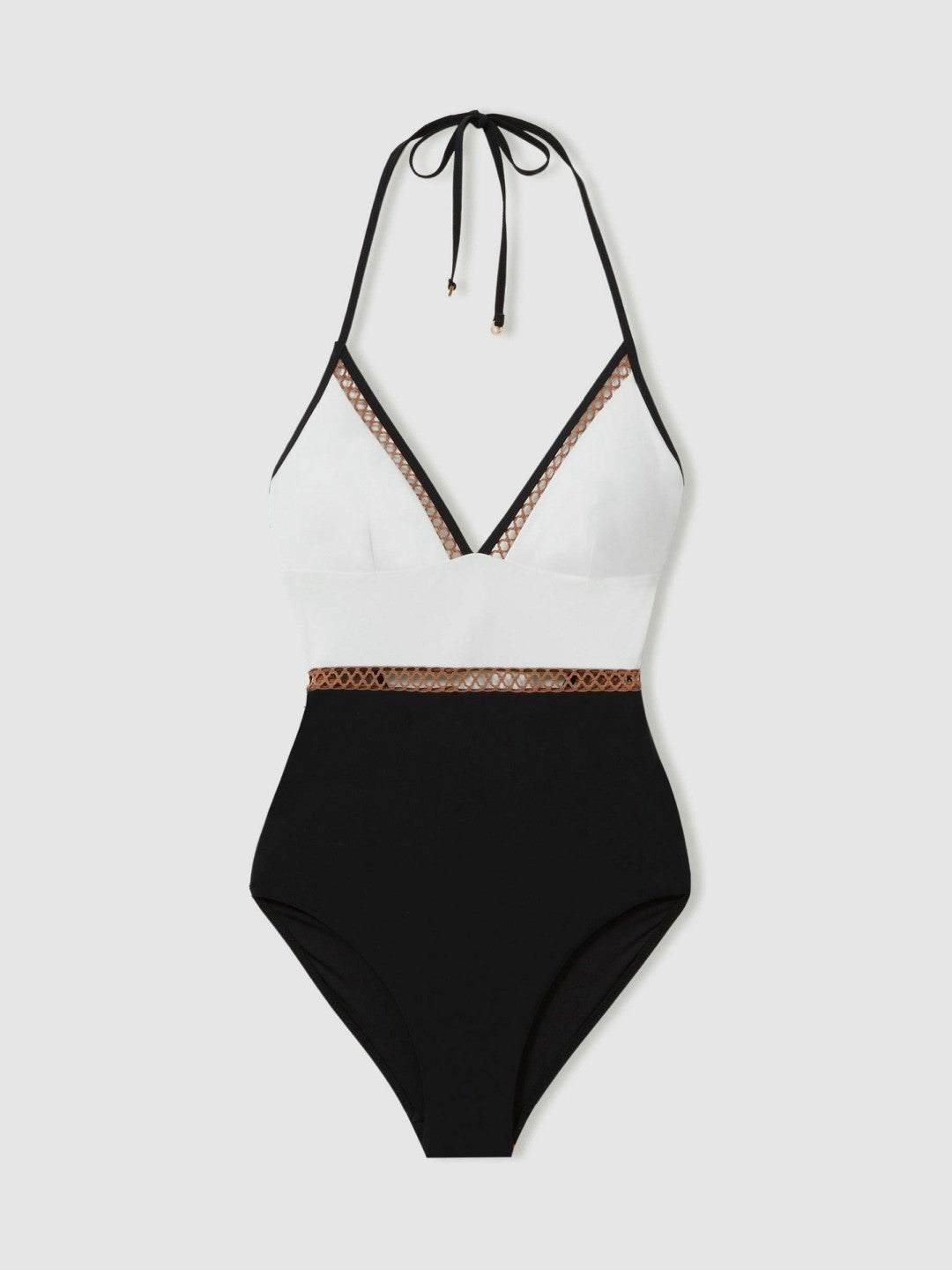 Reiss | Colourblock Halter Swimsuit in White/Tan
