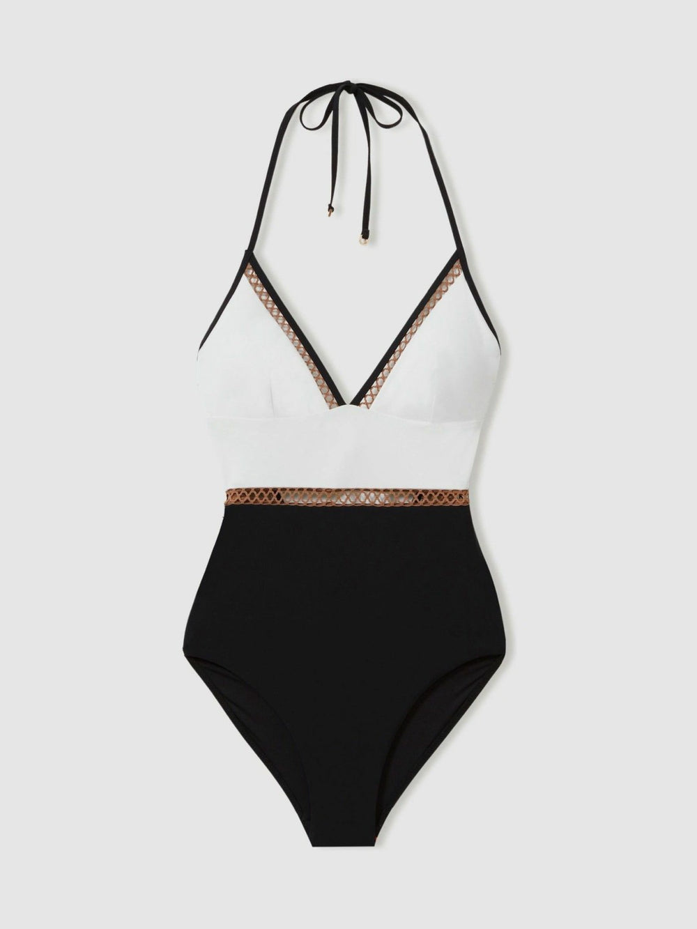 Reiss | Colourblock Halter Swimsuit in White/Tan