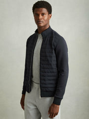 Reiss | Hybrid Quilt and Knit Zip-Through Jacket in Navy