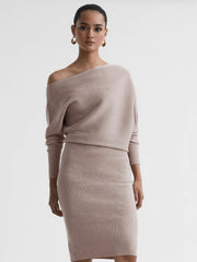 Reiss | Off-The-Shoulder Ribbed Midi Dress in Neutral