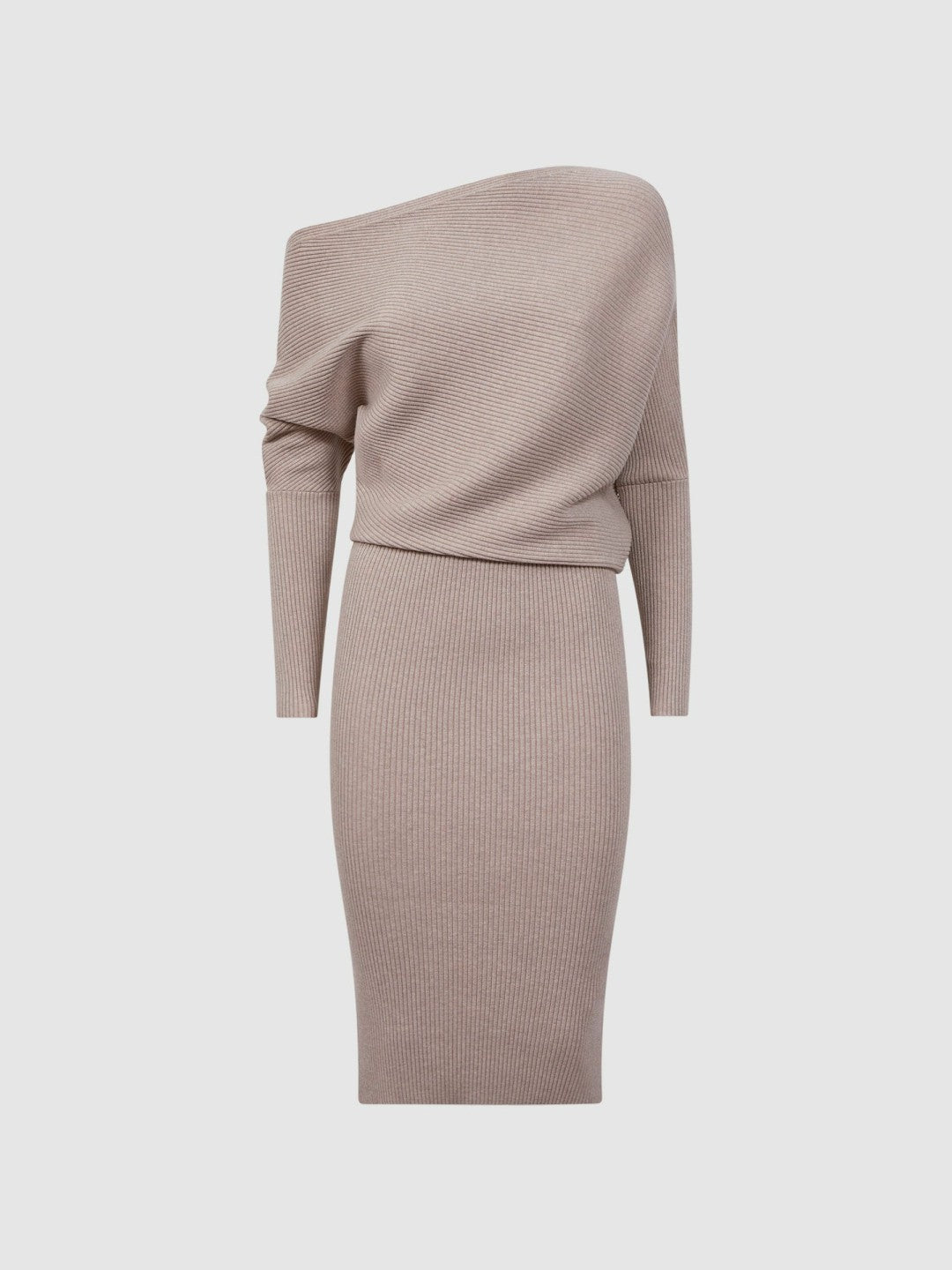 Reiss | Off-The-Shoulder Ribbed Midi Dress in Neutral