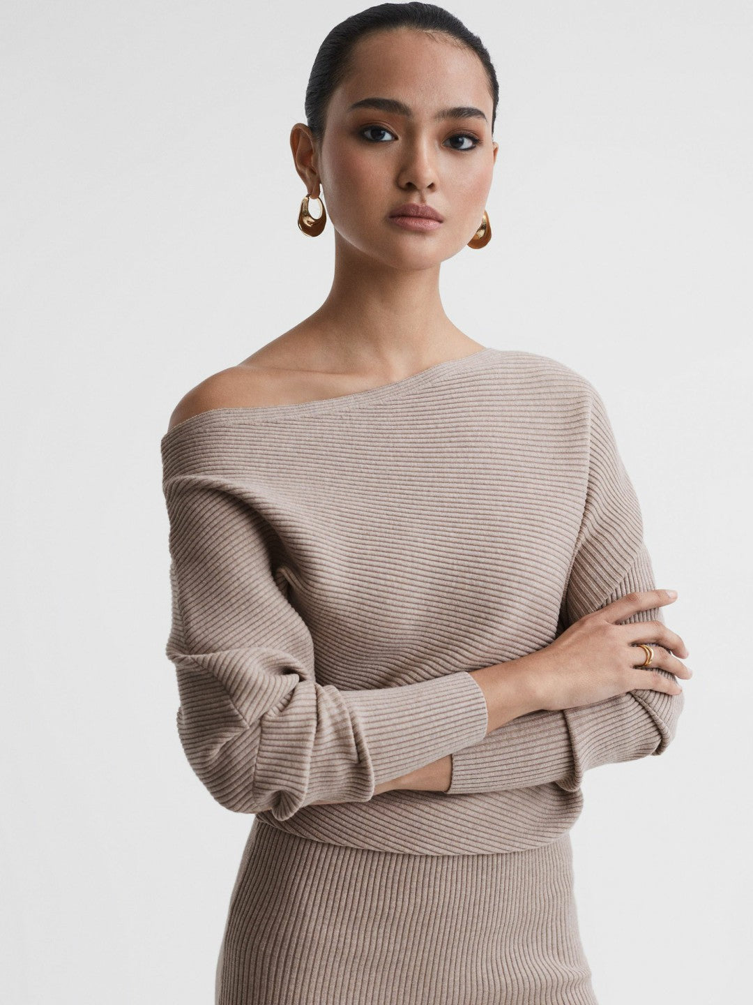 Reiss | Off-The-Shoulder Ribbed Midi Dress in Neutral
