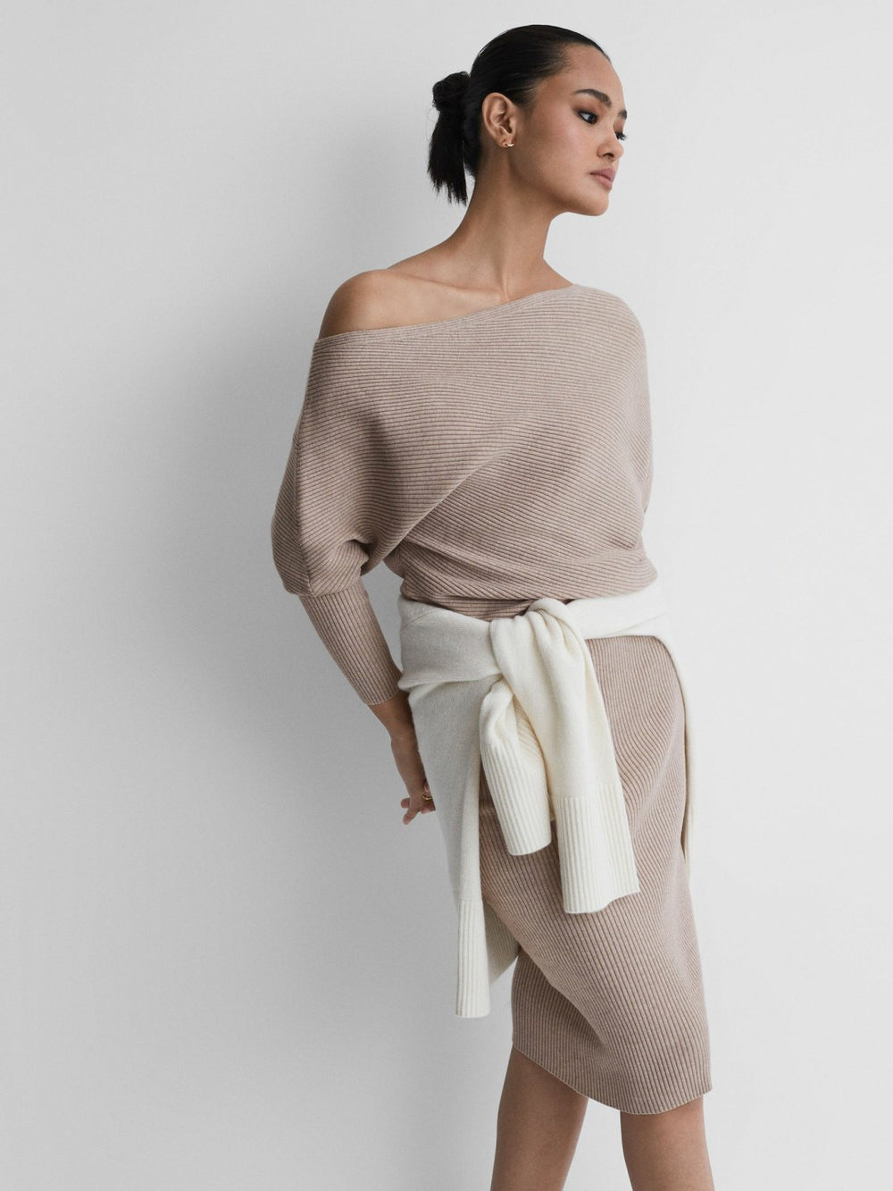 Reiss | Off-The-Shoulder Ribbed Midi Dress in Neutral