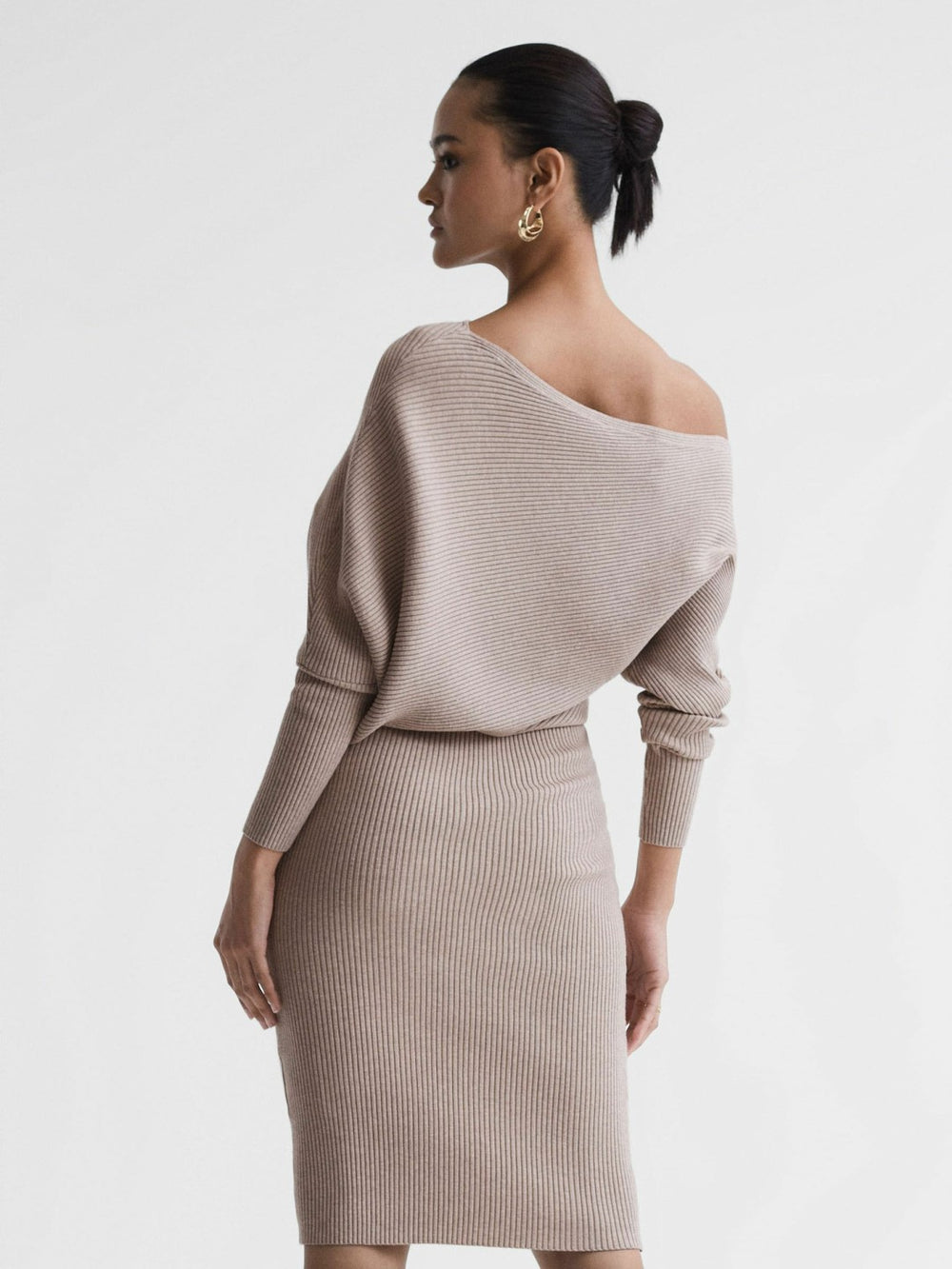 Reiss | Off-The-Shoulder Ribbed Midi Dress in Neutral