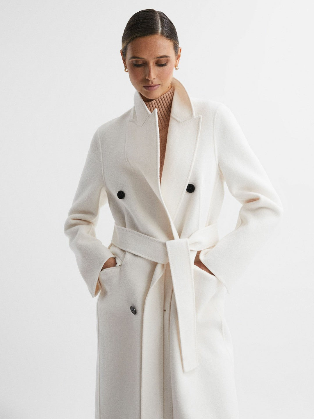 Reiss | Petite Relaxed Wool Blend Blindseam Belted Coat in Cream