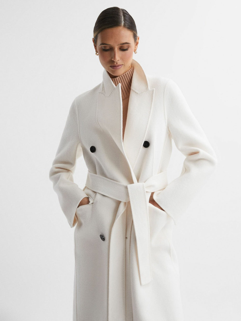 Reiss | Petite Relaxed Wool Blend Blindseam Belted Coat in Cream