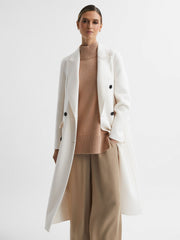 Reiss | Petite Relaxed Wool Blend Blindseam Belted Coat in Cream
