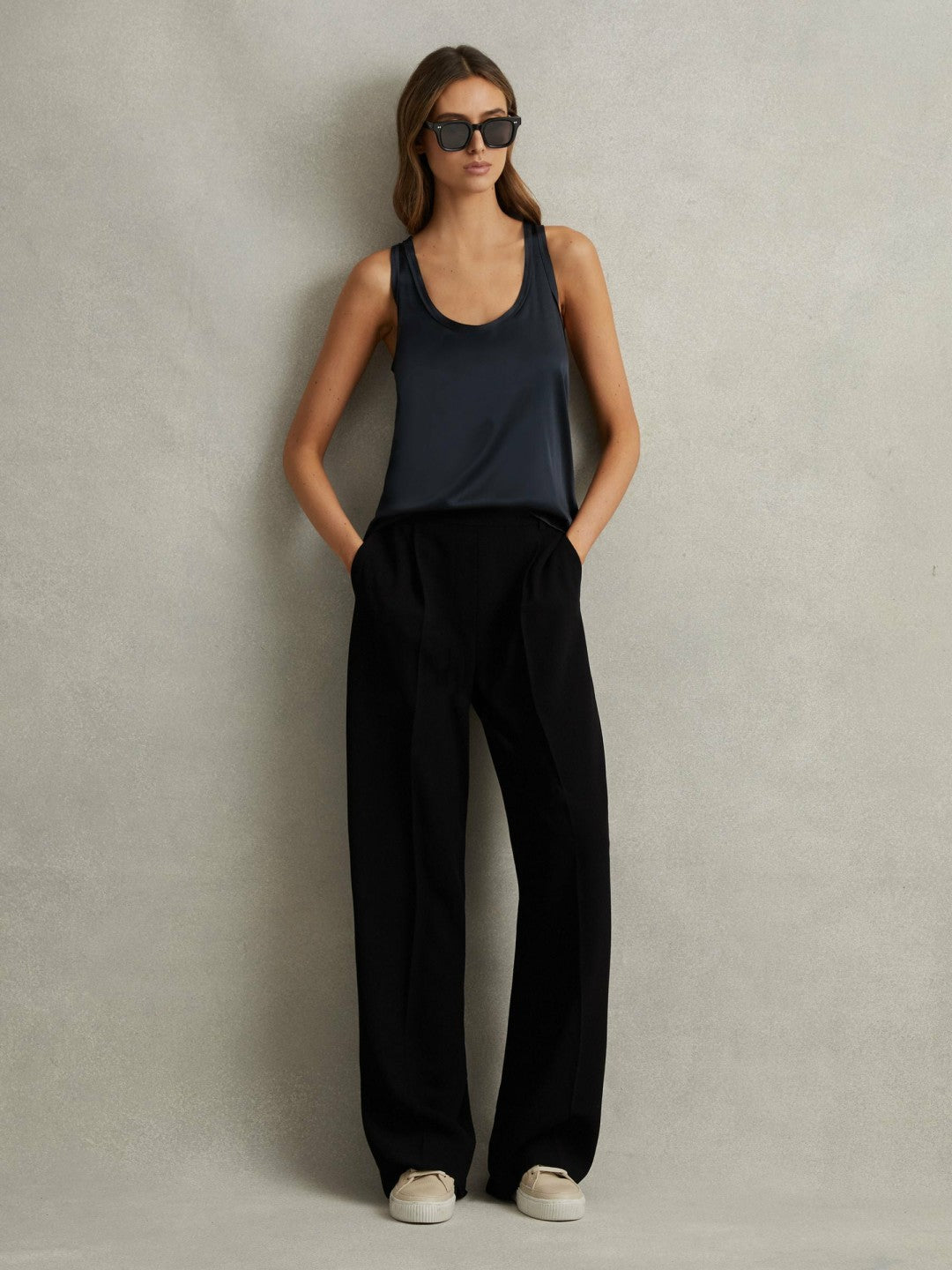 Reiss | Petite Half-Elasticated Wide Leg Trousers in Black