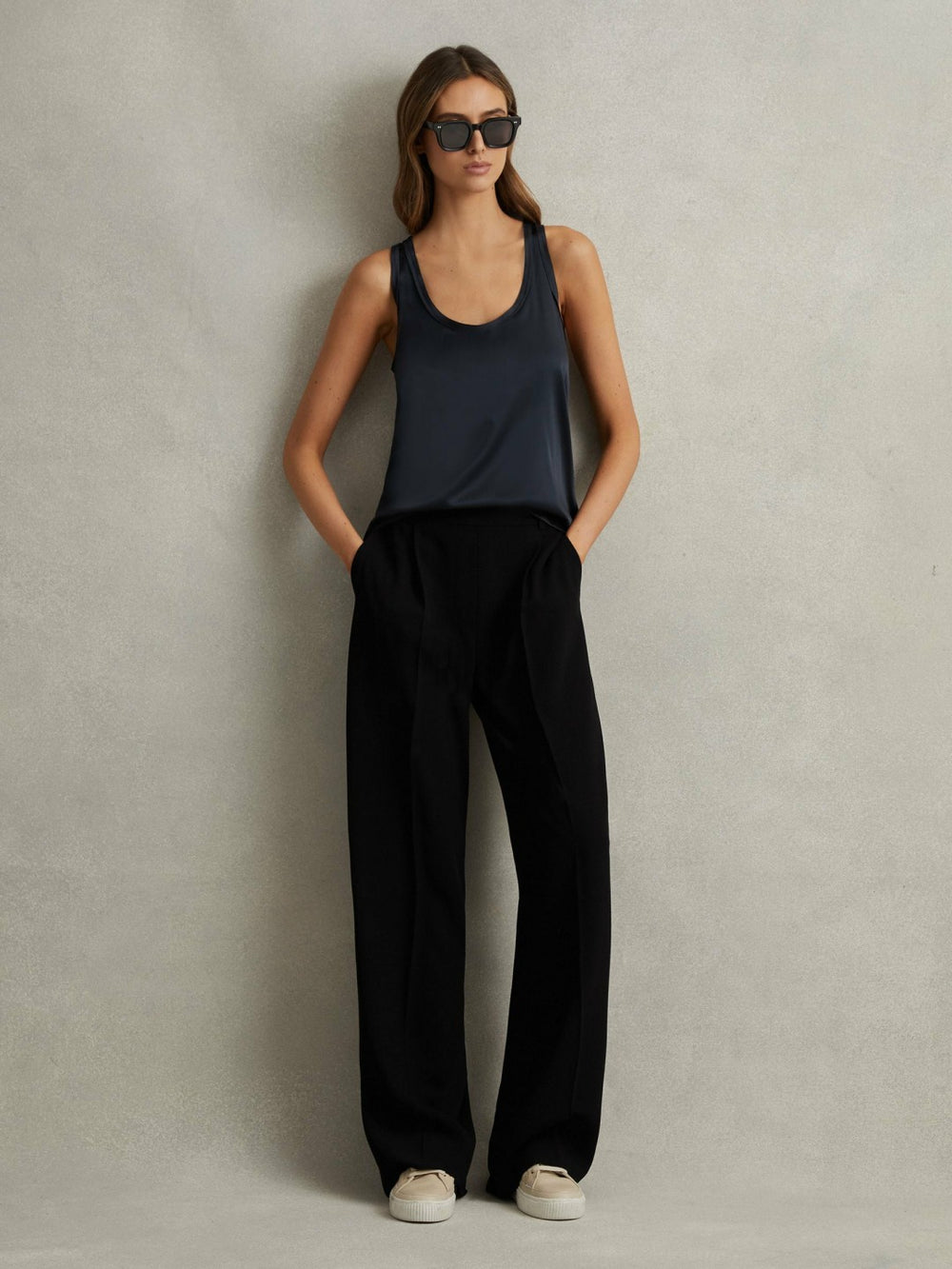 Reiss | Petite Half-Elasticated Wide Leg Trousers in Black
