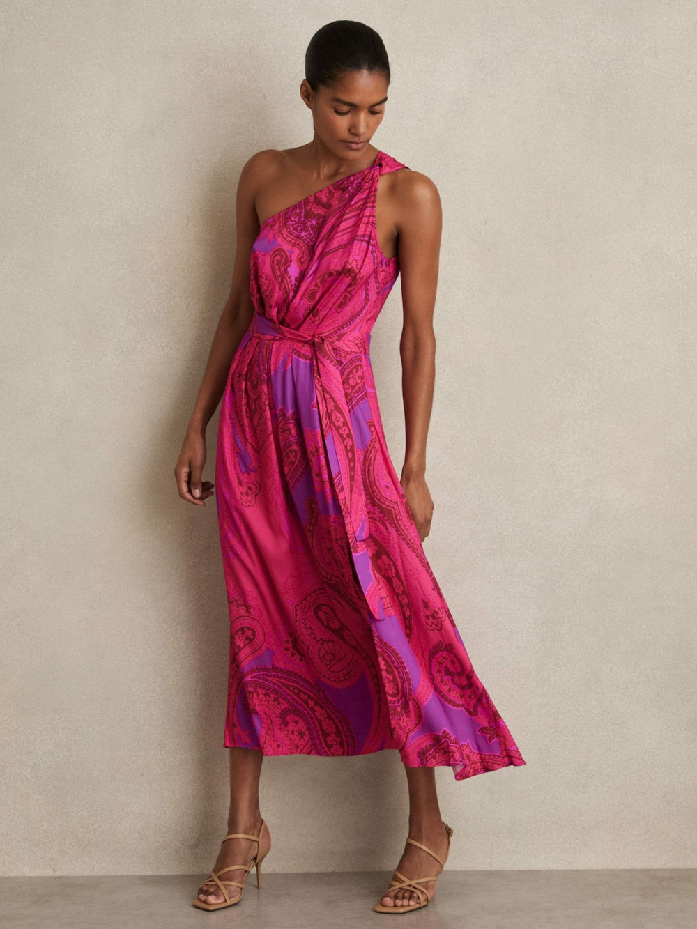 Reiss | Paisley-Print One-Shoulder Midi Dress in Pink