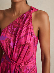 Reiss | Paisley-Print One-Shoulder Midi Dress in Pink