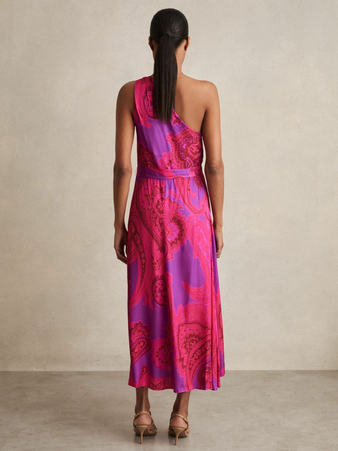 Reiss | Paisley-Print One-Shoulder Midi Dress in Pink
