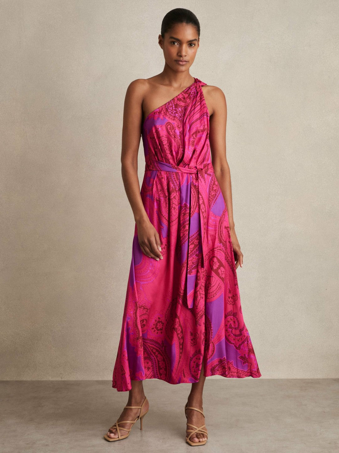 Reiss | Paisley-Print One-Shoulder Midi Dress in Pink