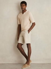 Reiss | Pointelle Open-Collar Polo Shirt in Stone