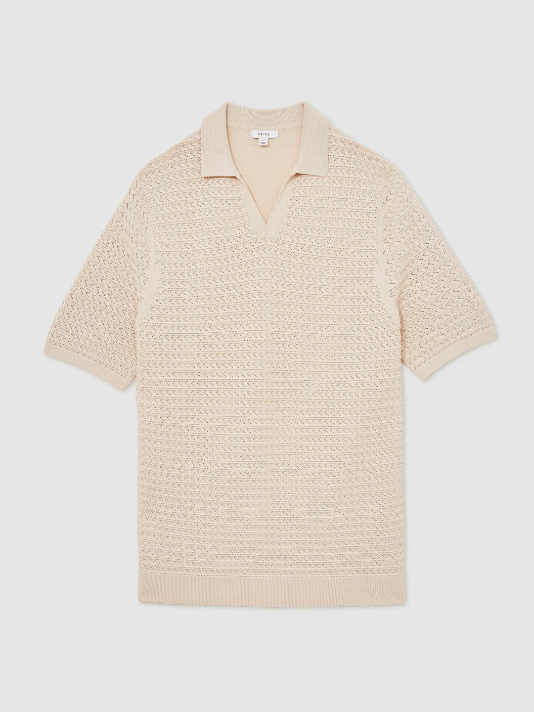 Reiss | Pointelle Open-Collar Polo Shirt in Stone