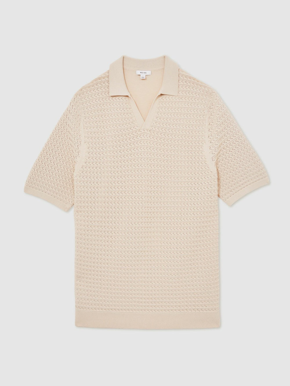 Reiss | Pointelle Open-Collar Polo Shirt in Stone