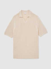 Reiss | Pointelle Open-Collar Polo Shirt in Stone