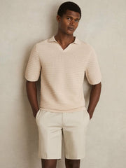 Reiss | Pointelle Open-Collar Polo Shirt in Stone